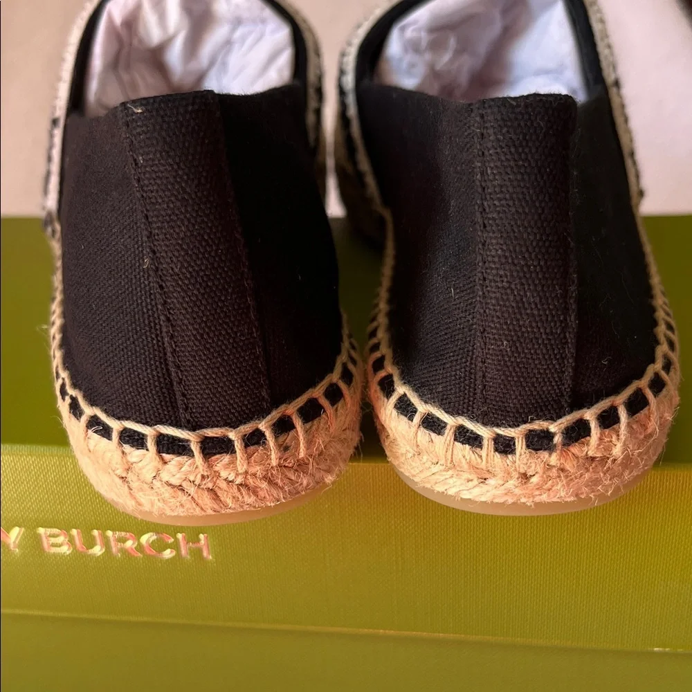 Tory Burch Black and Natural Stripe Espadrille Slip-Ons